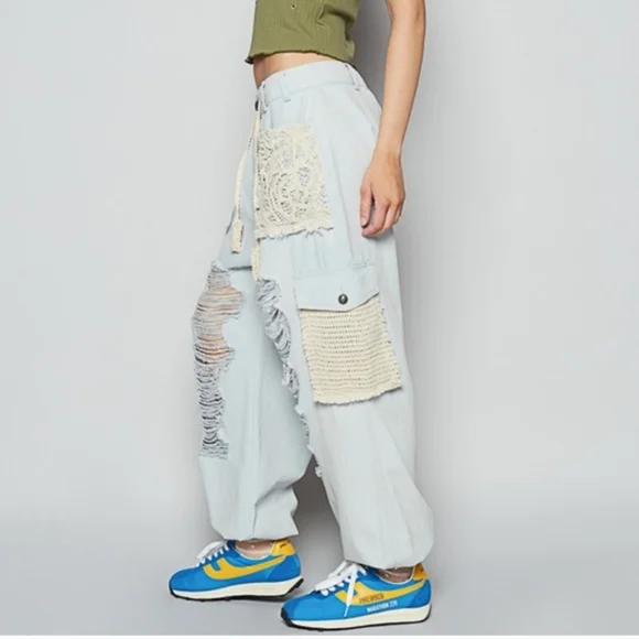 New POL Light Blue Patchwork distressed Joggers - Picture 3 of 7